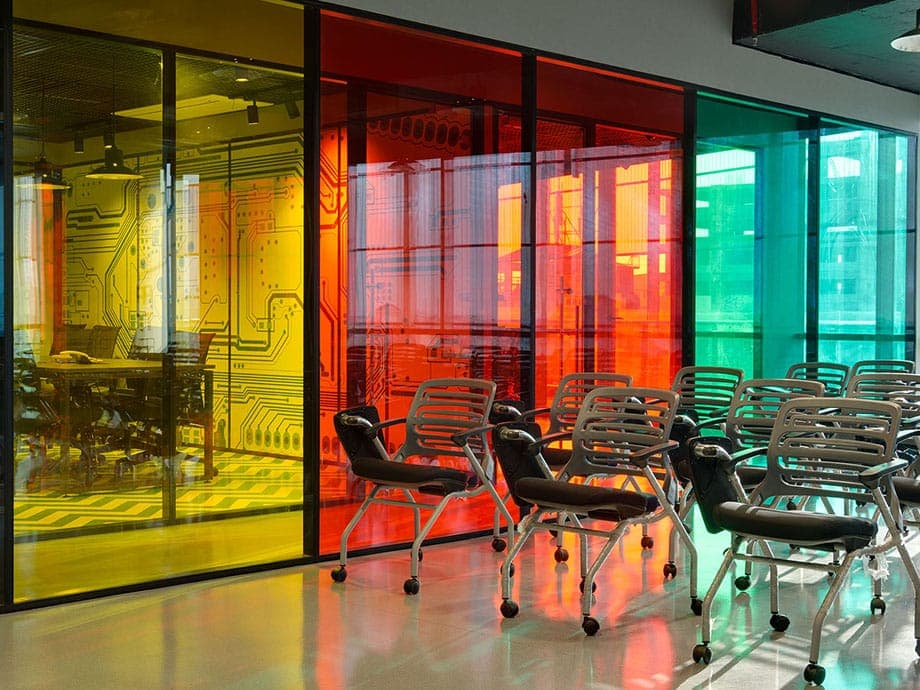 Fixed Partition with Colour Glass by Cube Partitions for premium glass partition projects